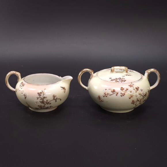 MCM Japanese Porcelain Embossed Floral Design Sugar & Creamer Set Gold Trim - Picture 3 of 11